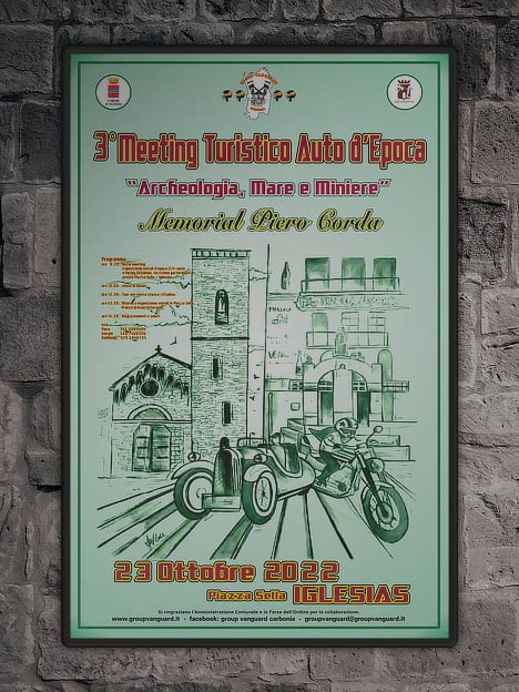 Locandina memorial 2022, disegno moto e macchina storica ad Iglesias