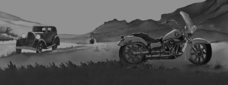Harley e auto storica in un paesaggio di campagna